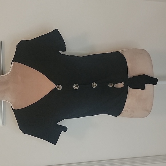 Shein, Size XS, Black Tie Waist Short Sleeved Ribbed Top, Button Accent, EUC - Picture 1 of 6
